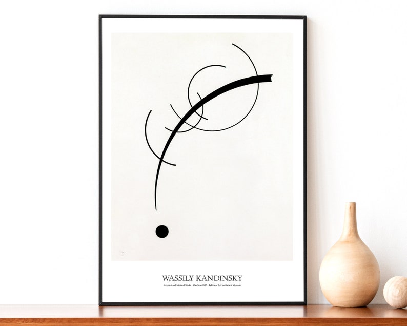 May include: Black and white abstract art print featuring a curved line and a circle. The print is titled "Wassily Kandinsky".