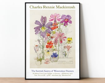 Charles Rennie Mackintosh Poster Print, Exhibition Poster, Butterfly Flower Watercolour Painting, Floral Print, Gift Idea For Gardener