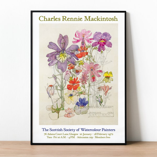 Charles Rennie Mackintosh Poster Print, Exhibition Poster, Butterfly Flower Watercolour Painting, Floral Print, Gift Idea For Gardener