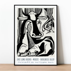 Ernst Ludwig Kirchner, The Large Cow Lying Down, Exhibition Poster, Museum Quality Print, Woodcut, German Expressionist Art, Black and White