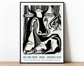 Ernst Ludwig Kirchner, The Large Cow Lying Down, Exhibition Poster, Museum Quality Print, Woodcut, German Expressionist Art, Black and White