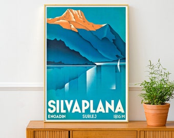 Vintage Lake Silvaplana Swiss Travel Poster – Art Deco 1930s Reproduction – Museum-Quality Print – Blue Gold Art Décor – Modernist Wall Art