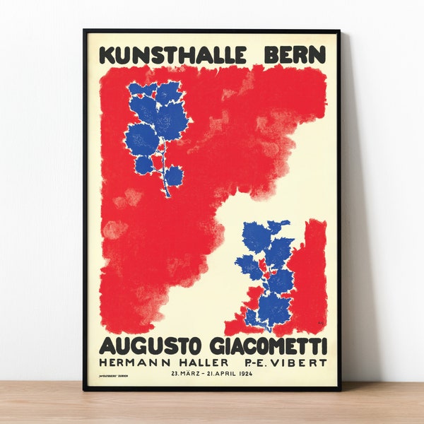 Affiche d’exposition Augusto Giacometti, impression abstraite colorée et audacieuse, affiche bleu blanc rouge, art suisse, design suisse, feuilles d’arbres