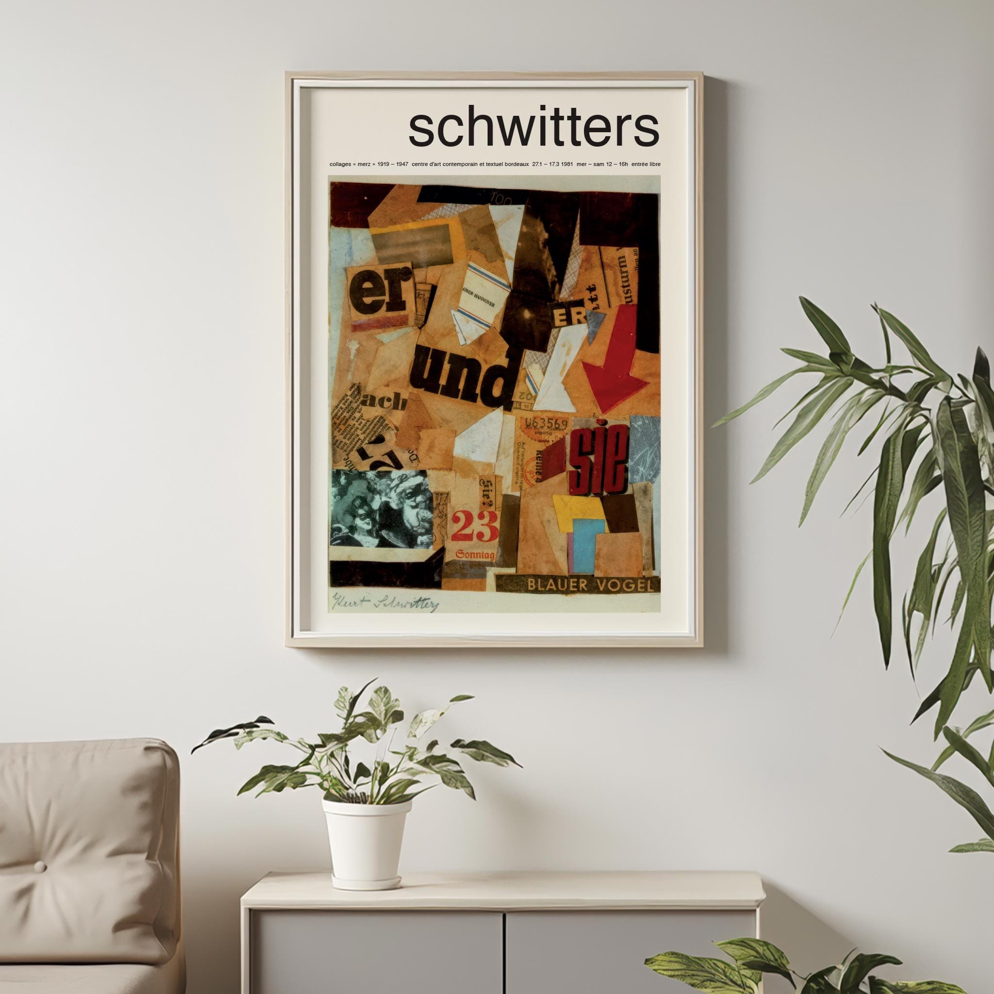 Kurt Schwitters Merz Poster – Blauer Vogel 1922 Collage, Dada Art