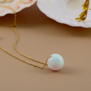 Dainty White Opal Gemstone Single Ball Necklace with 14k Solid Gold Chain , Blue White Opal Bead Pendant, White Opal Gemstone Choker