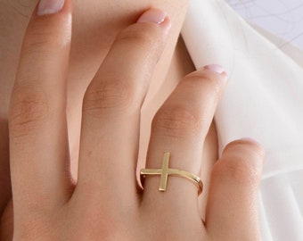 14k Solid Gold Dainty Cross Ring, Delicate Cross ring in 14K gold,  Minimalist Cross Ring, Communion Gift, Religious Gold, Holy Cross Gift
