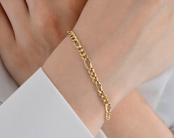14K Solid Gold Figaro Chain Bracelet, 14K Gold Cuban Chain, Layering Chain, Minimalist Stacking Bracelet, Gift for Her, Unisex Fine Jewelry