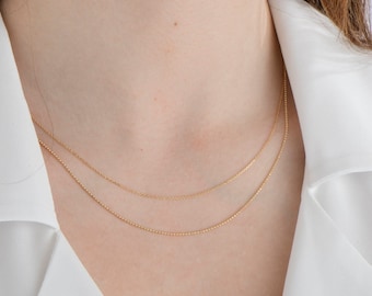 14K Solid Gold Two Strand Chain Necklace, Duet Chain Necklace, Gold Double Strand Chain, Simple Cable Ball Chain Layered Chain, Two Tier