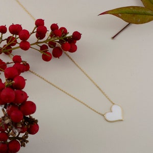 14K Solid Gold White Enamel Heart Necklace, Dainty Gold White Enamel Heart Choker, Minimalist Heart Charm, Gold Heart Necklace Pendant