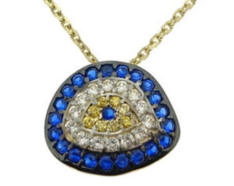14K Genuine Gold Evil Eye Necklace with Solid Gold Chain, Protective Necklace, Blue Evil Eye, CZ Cubic Zirconia Evil Eye Gold Pendant Charm