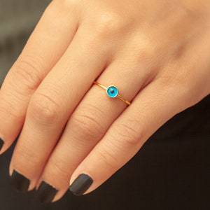 14K Solid Gold Evil Eye Ring, Dainty Blue Evil Eye Rose Gold White Gold Ring, Real Rose Gold Turkish Evil Eye Ring, Blue eye ring in gold