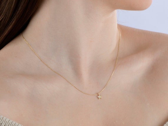 14K Solid Gold Star Necklace Chain, Diamond Star Pendant 14K Solid Gold Star Necklace Chain, Diamond Star Pendant