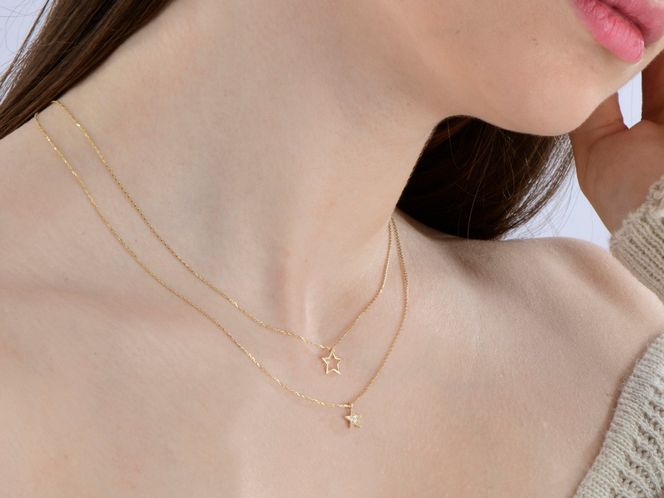 14K Solid Gold Star Necklace Chain, Diamond Star Pendant