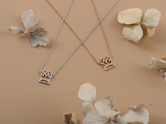 14k Gold Princess Crown Necklace, 14k 18k Solid Gold Crown