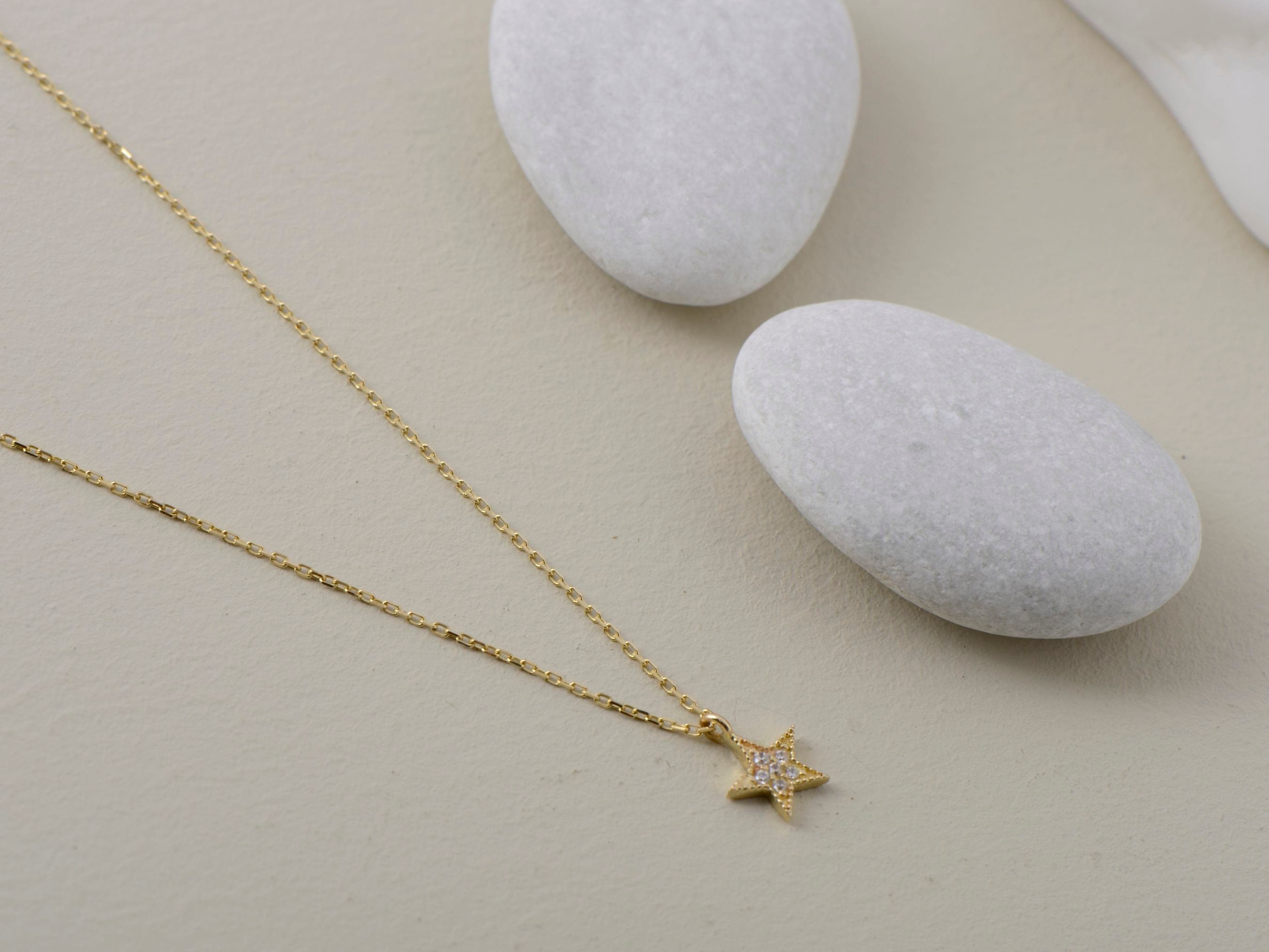 14K Solid Gold Star Necklace Chain, Diamond Star Pendant