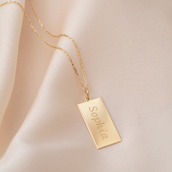 14k Real Gold Rectangular Name Necklace Personalized Name Charm