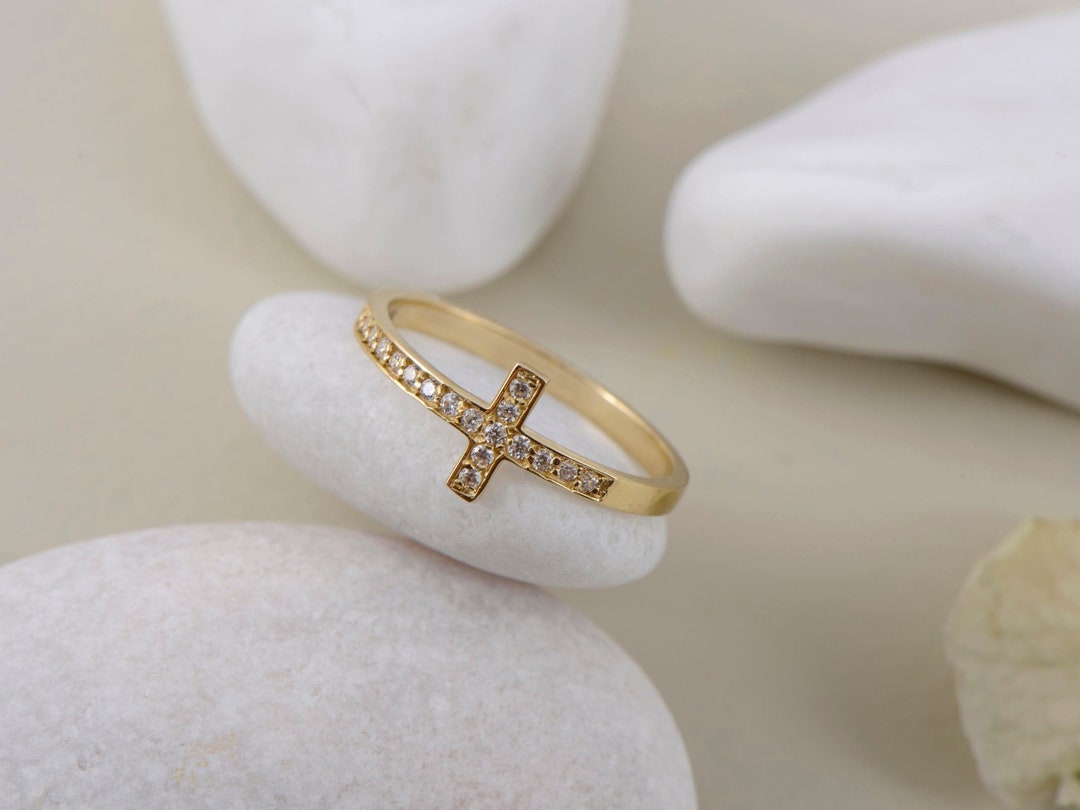 Cross Ringer Classy 14k 18k Solid Gold Dainty Cross Ring, Delicate Cubic Zirconia Cross ...