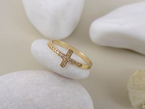 14k 18k Solid Gold Dainty Cross Ring Delicate Cubic Zirconia | Etsy