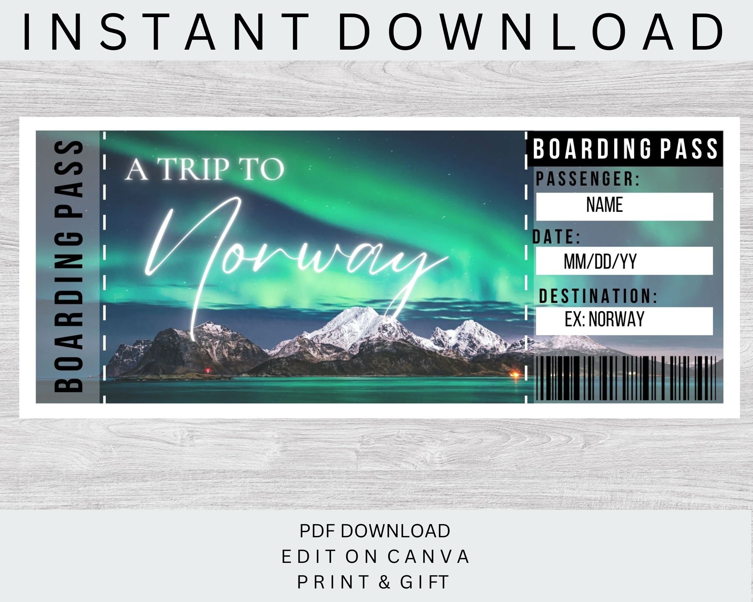 Printable NORWAY Surprise Trip Ticket. NORWAY Editable Boarding Pass