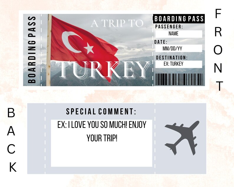 Printable TURKEY Surprise Trip Ticket. TURKEY Editable Boarding Pass