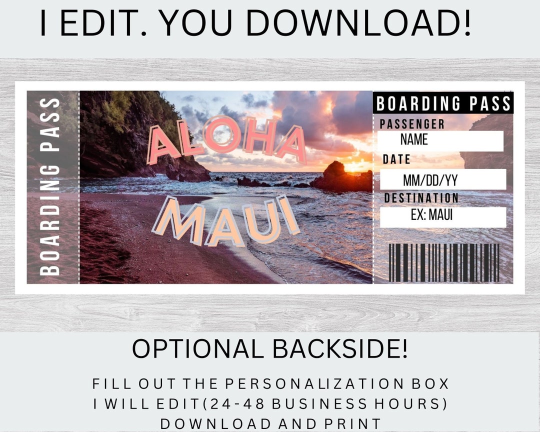 Maui Hawaii Trip Boarding Pass Editable Ticket Download I EDIT YOU
