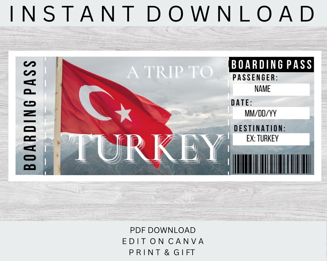 Printable TURKEY Surprise Trip Ticket. TURKEY Editable Boarding Pass