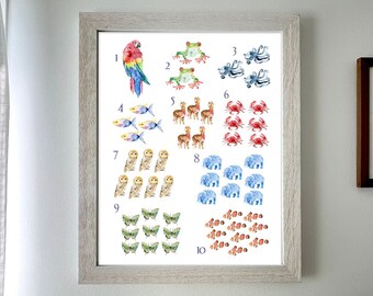 Tier Nummer 1-10 Aquarell Druck, Zählen Poster, Fine Wall Art für Kinderzimmer, Kinderzimmer Dekor, Baby Geschenk
