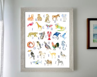 Alphabet animal aquarelle impression, art mural fin pour chambre d’enfant, affiche ABC animal, décor de chambre d’enfant, cadeau de bébé