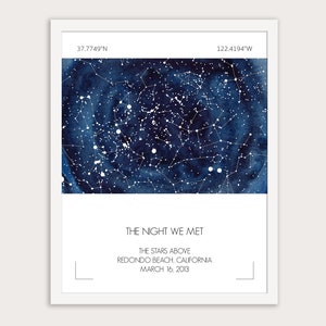 Mapa de constelación de estrellas de acuarela, impresión artística del cielo nocturno, fácilmente personalizada para aniversario, boda, cumpleaños y regalos personalizados
