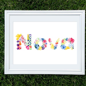 Wildflower Dreamy Floral Illustrated Name Watercolor Fine Art Print for Baby Nursery Decor, Customize and Easily Personalize for Gifting