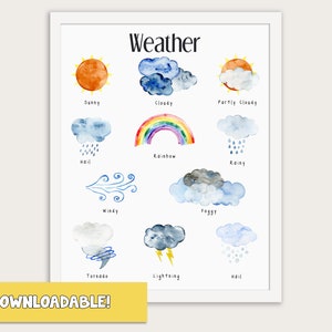 Póster de aprendizaje descargable con diferentes climas, ideal para aulas, educación en casa, aprendizaje Montessori y habitaciones infantiles. Imprima en casa.