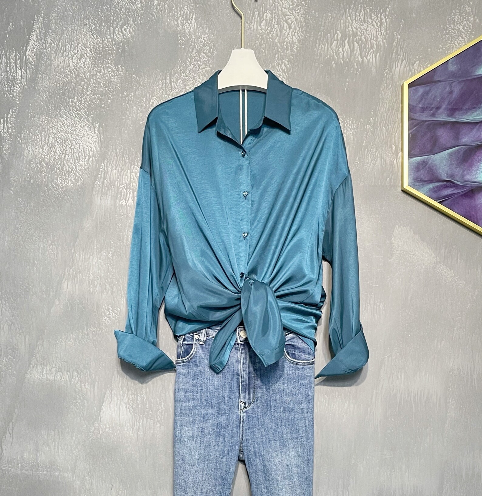 Women Satin Shirt Blouse Peacock blue Tops Spring Long Sleeve | Etsy