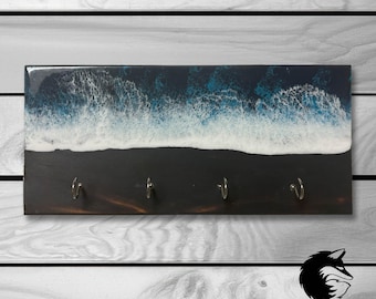 Ocean Resin Key Holder: Burnt Wood Coastal Decor with 4 Hooks