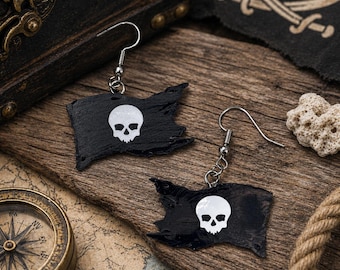 Pirate Flag Earrings Double Sided – Black Skull Dangle Earrings, Handmade Resin, Gothic Jewelry Gift for Her, Pirate Gifts