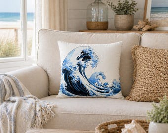 Dekokissen 18x18 | Japanisches Ozeanwelle Art Kissenbezug | Nautische Küsten Dekoration | Großes Wellenakzent-Kissen | Strand-Haus Geschenk
