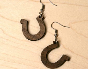 Horseshoe Wood Earrings: Rustic Maple & Walnut Boho Dangle Hoops