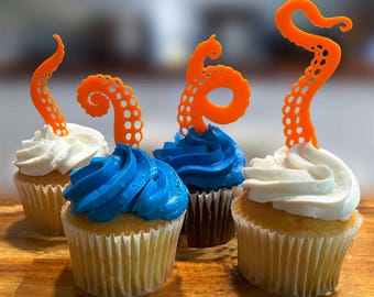12 Octopus Tentacle Cupcake Toppers - Deep Sea Party Decor - Ocean Themed Birthday Supplies - Pirate Party Decorations
