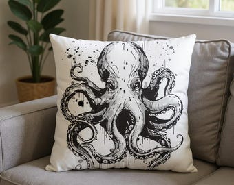 Kraken Dekokissen | Black & White Octopus Kissen | Maritime Dekoration | 3 Größen zur Auswahl