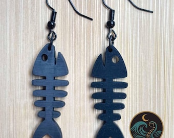 Black Fish Bone Dangle Earrings – Matte Resin Ocean Goth Jewelry, Piratecore Mermaid Accessories, Halloween