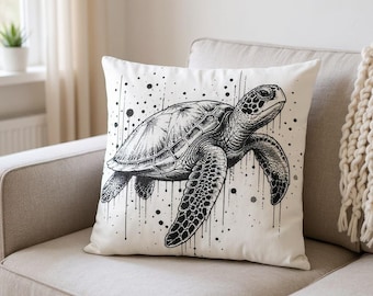 Meeresschildkröte werfen, Küstendekor, nautisches Schildkrötenkissen, Strandhauskissen im Tintenstil, dunkler Ozeanakzent