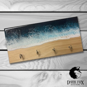 Ocean Waves Wooden Key Hanger – Light Wood, 12x5.5 Inches, 4 Hooks, Resin Art