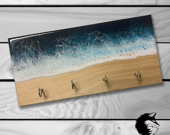 Ocean Waves Wooden Key Hanger – Light Wood, 12x5.5 Inches, 4 Hooks, Resin Art