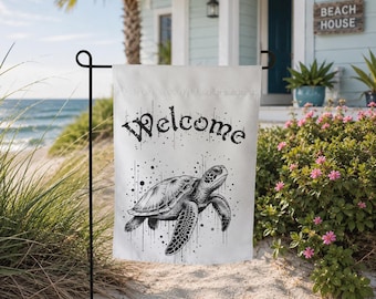 Meeresschildkröte Willkommen Gartenfahne | Ink Art Küstenhofdekor | Strandhaus Flagge | Maritime Dekoration für den Außenbereich | Ozean-Liebhaber-Geschenk
