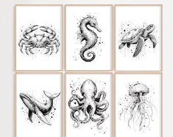 Ocean Gallery Wand Kunst Set von 6, druckbare Nautik Wandkunst, Küsten Meer Leben Drucke, schwarz weiß Strand Dekor, sofortiger Download, Kraken Kunst