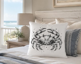 Dekokissen Krabbe | Küsten Tinte Kunst | Maritime Wohnkultur | Strand-Haus-Kissen | Wähle aus 3 Größen | 16x16 18x18 20x20