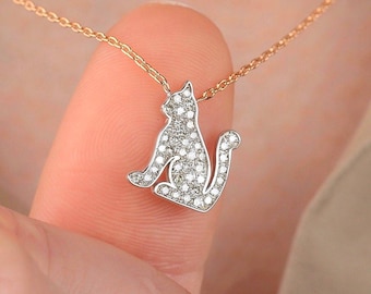 Diamond Cat Necklace in White Gold, 18K Gold Cat Pendant with Diamonds, Soulmate Necklace For Her, Promise Necklace, Gift For Girlfriend