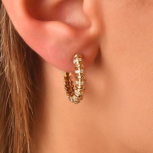 14K Gold Diamond Huggie Hoops: Dainty Beaded Earrings