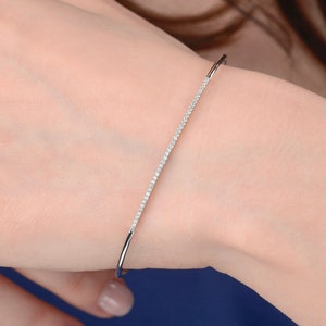 Diamond Bar Half Bangle 14K White Gold Dainty Stack Bracelet, Minimalist Wedding Gift for Sister, Fine Jewelry For Women, Anniversary Gift