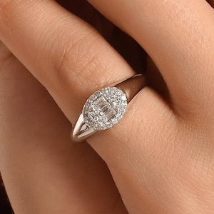 14K Gold Diamond Signet Ring: Dainty Baguette Band