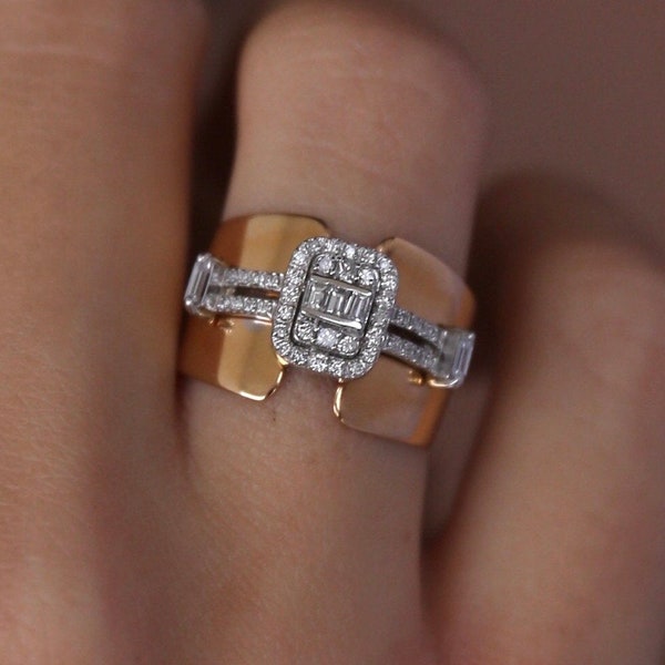 Cigar Band Ring, Baguette Diamond Ring, Diamond Cluster Ring, Gift For Women